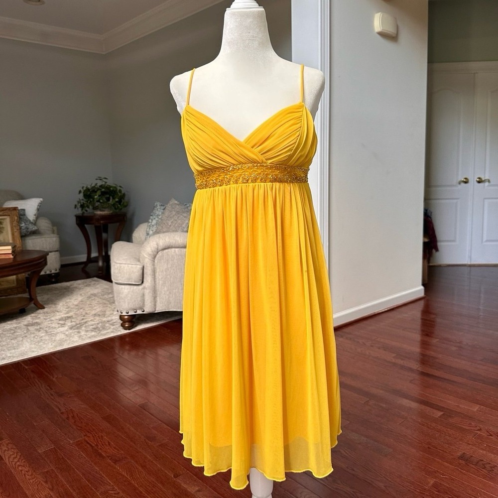 City Triangles Yellow Beaded Embellished Underbust Cocktail Tie Back Dress